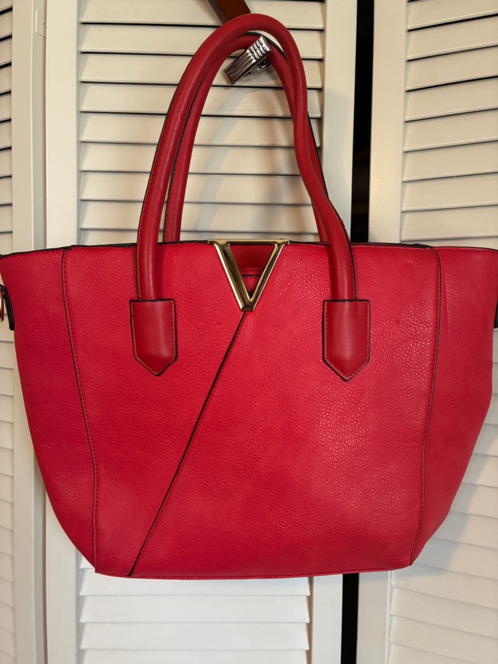 Fire Red Faux Leather Handbag Satchel Tote Purse Gold Acct Black Piping 16x11”